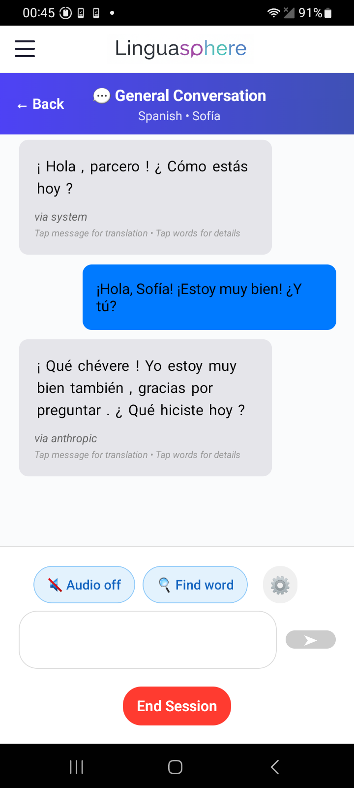 LinguaSphere AI conversation showing a Spanish chat with Sofía and translation hints