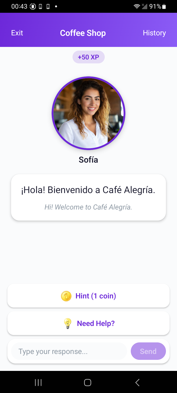LinguaSphere skill scenario: ordering at a coffee shop in Spanish with an AI tutor