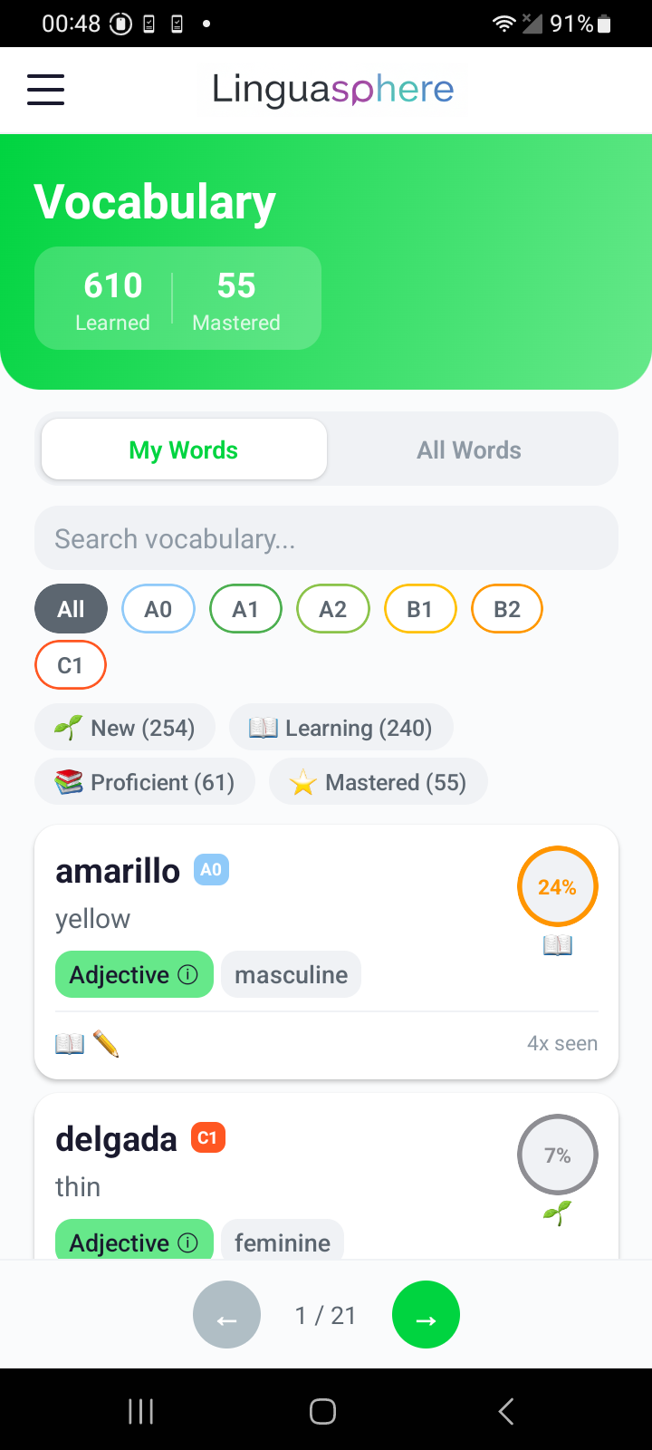 LinguaSphere vocabulary screen showing learned words with mastery percentages and CEFR level filters