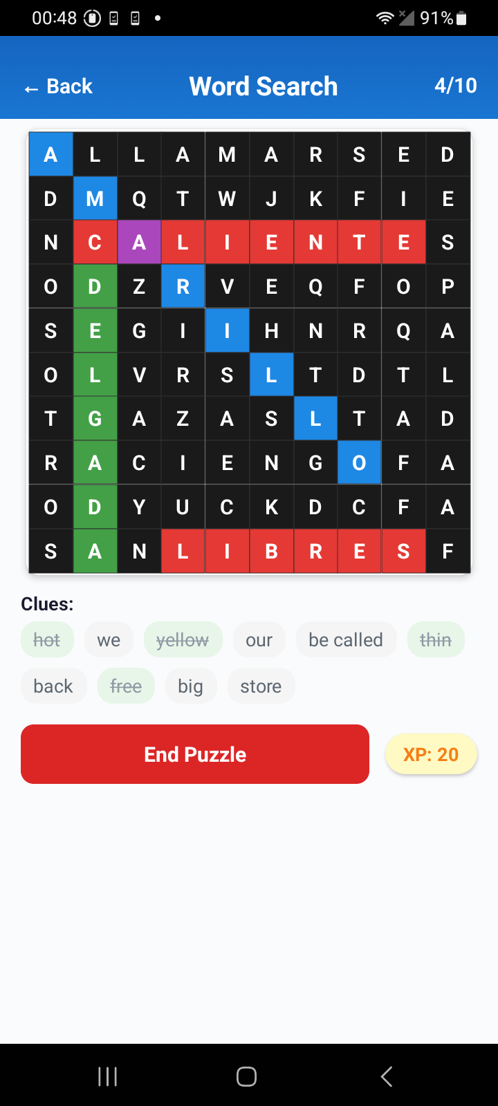 LinguaSphere Word Search game showing a Spanish vocabulary puzzle with English clues